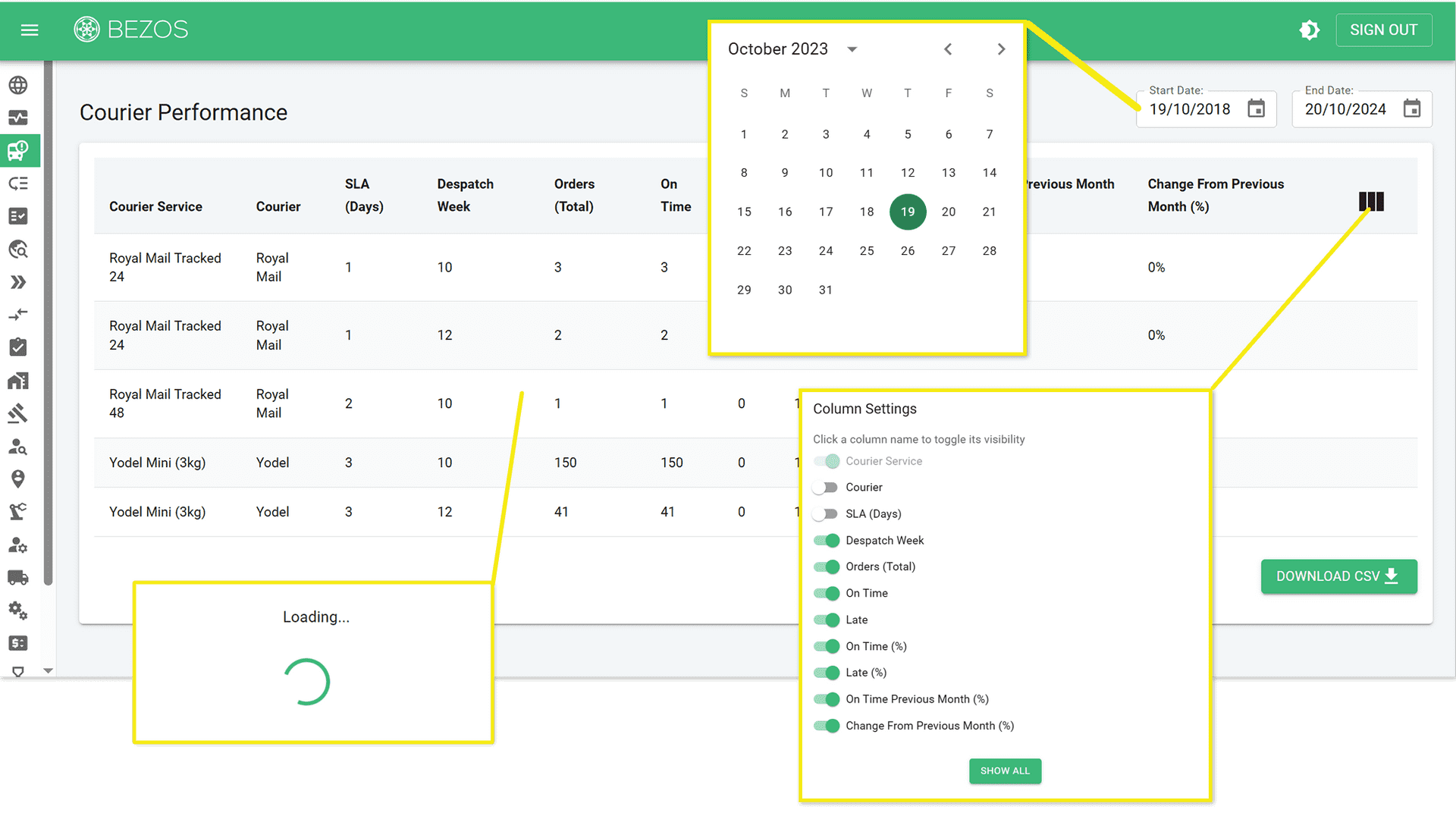 Operations Portal - Date picker / Colomn configuration